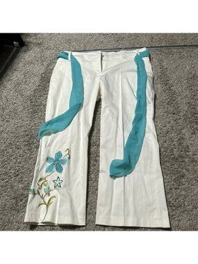 Maurices Womens Embroidered Pant White/Turquoise Size 11/12 Cotton Blend Stretch